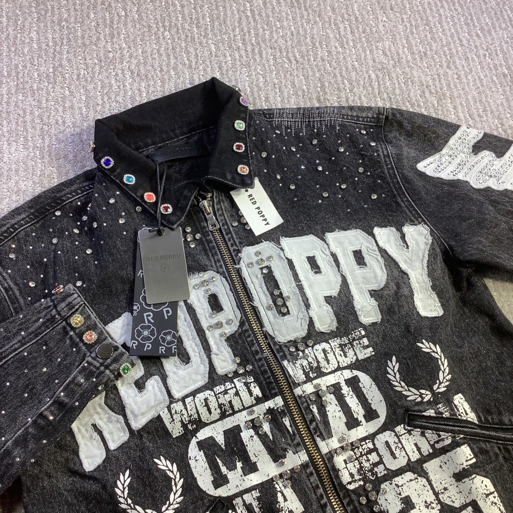 Red Poppy Mens Embellished Graphic Denim Jacket Black Wash Size Small NWT